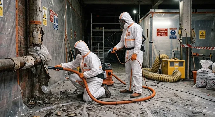 Chantier de désamiantage avec confinement en dépression dans un bâtiment à Genève, techniciens en combinaison