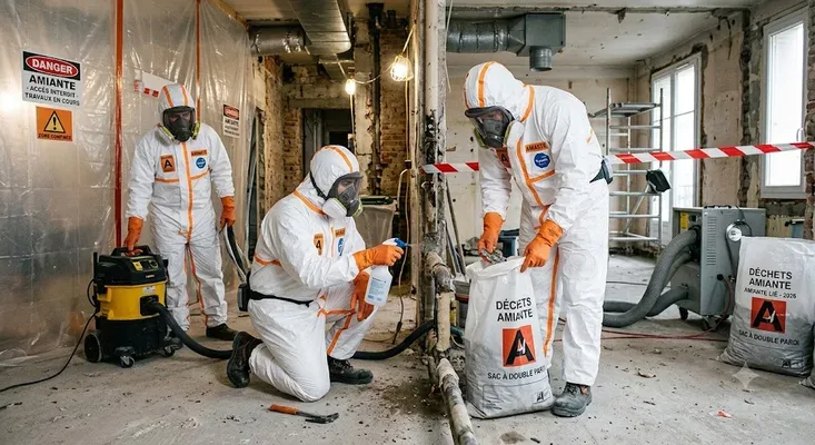 Exemples de matériaux amiantés dans un bâtiment : fibrociment, flocage de plafond, dalle de sol et calorifugeage de canalisation